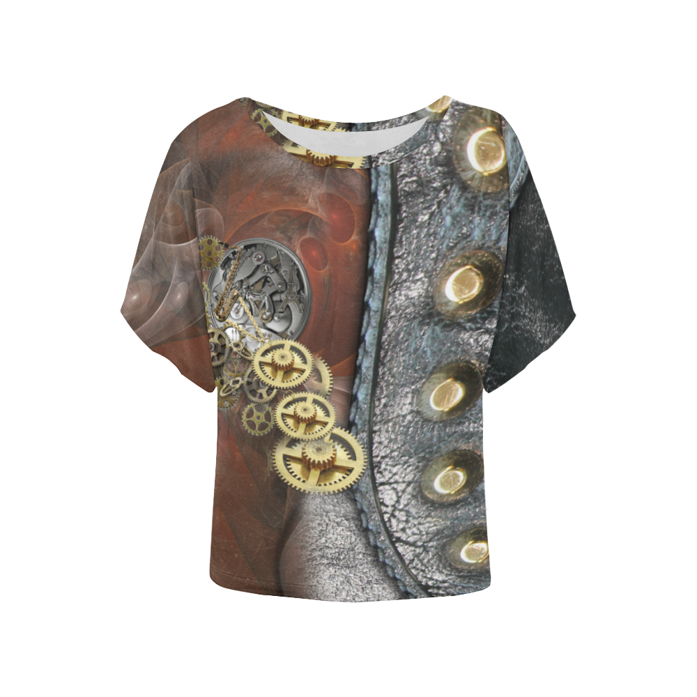 wheels about time & leather Women's Batwing-Sleeved Blouse T shirt (Model T44)