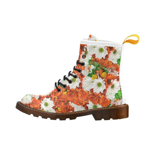 Green Orange Yellow Daisies High Grade PU Leather Martin Boots For Women Model 402H