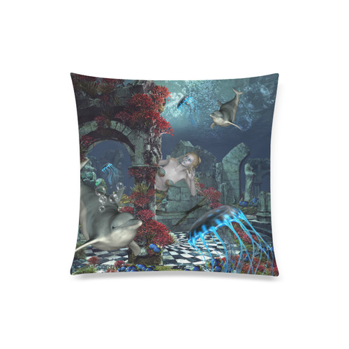 Beautiful mermaid swimming with dolphin Custom Zippered Pillow Case 20"x20"(Twin Sides)