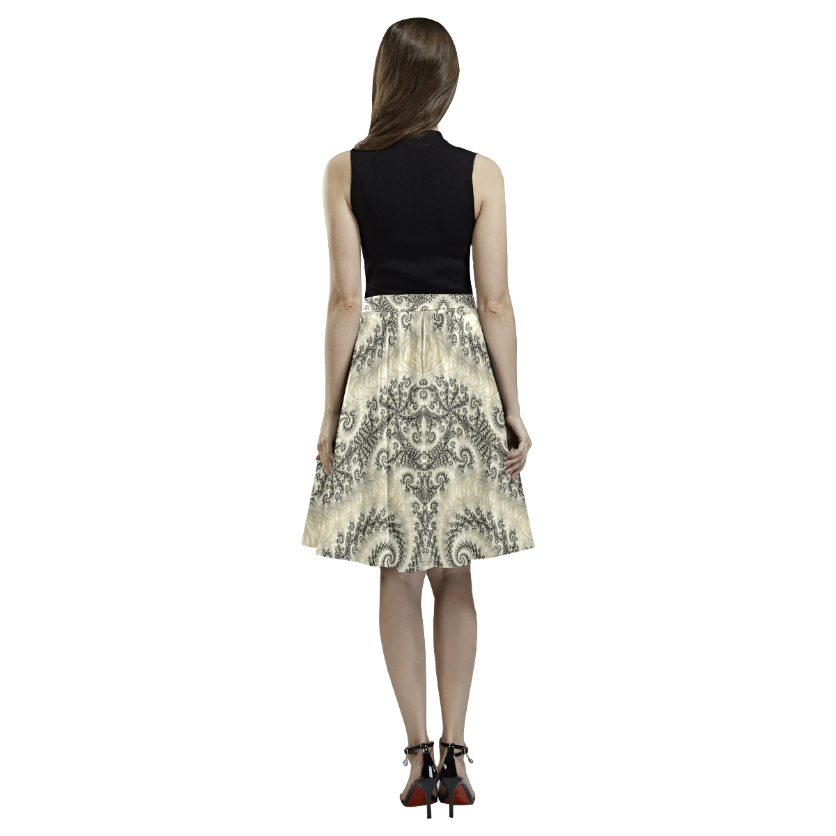 Frax Fractal Beige Black Melete Pleated Midi Skirt (Model D15)