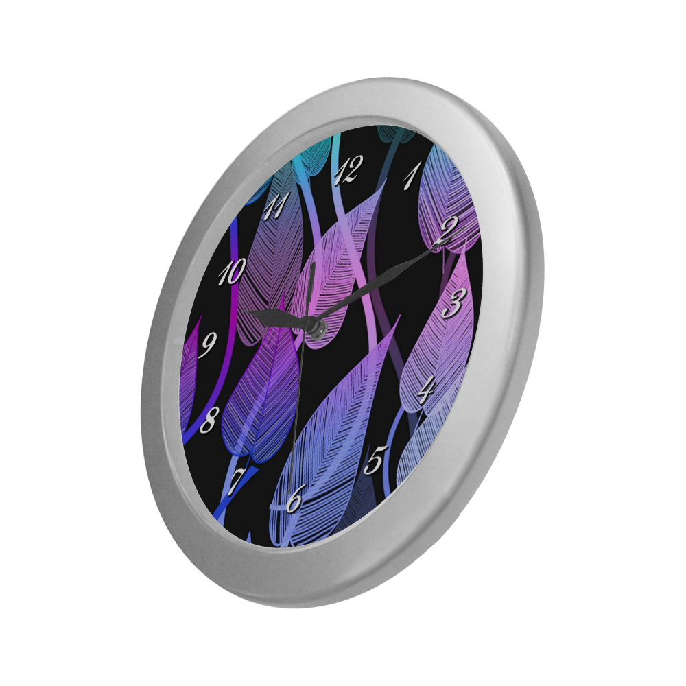 Colorful Tropical Leaves Silver Color Wall Clock