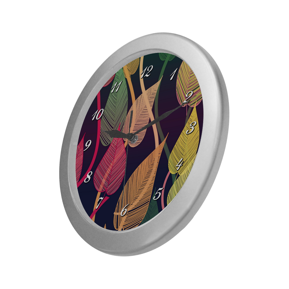 Colorful Autumn Leaves Silver Color Wall Clock