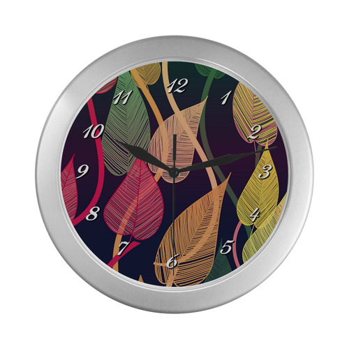 Colorful Autumn Leaves Silver Color Wall Clock