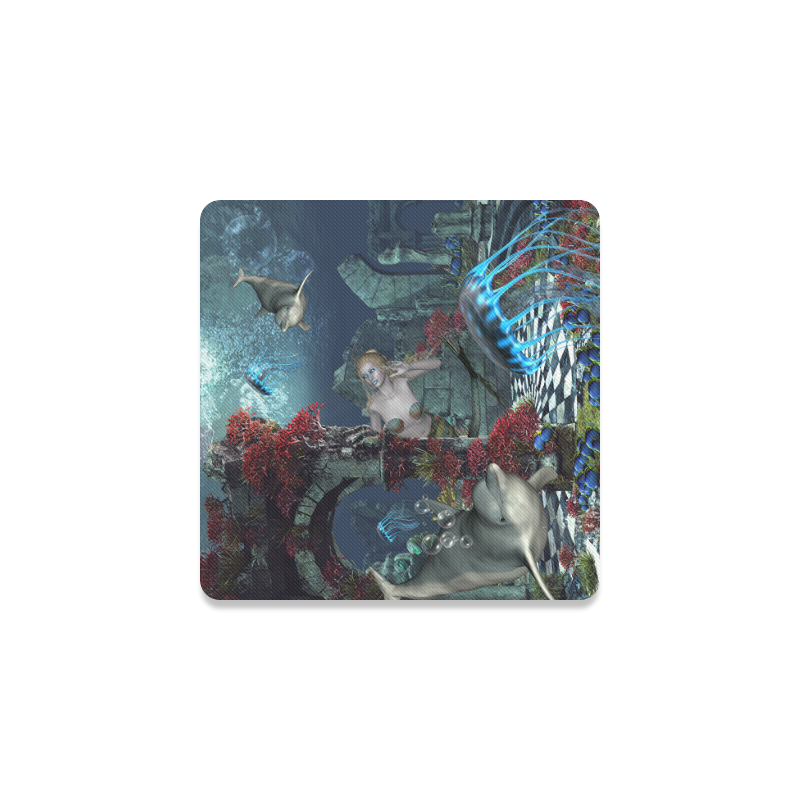 Beautiful mermaid swimming with dolphin Square Coaster
