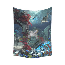 Beautiful mermaid swimming with dolphin Cotton Linen Wall Tapestry 60"x 80"