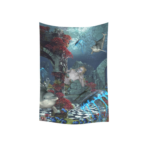 Beautiful mermaid swimming with dolphin Cotton Linen Wall Tapestry 40"x 60"