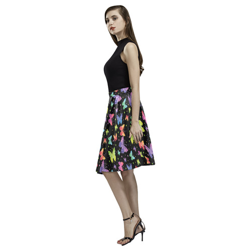 Colorful Butterflies Black Edition Melete Pleated Midi Skirt (Model D15)