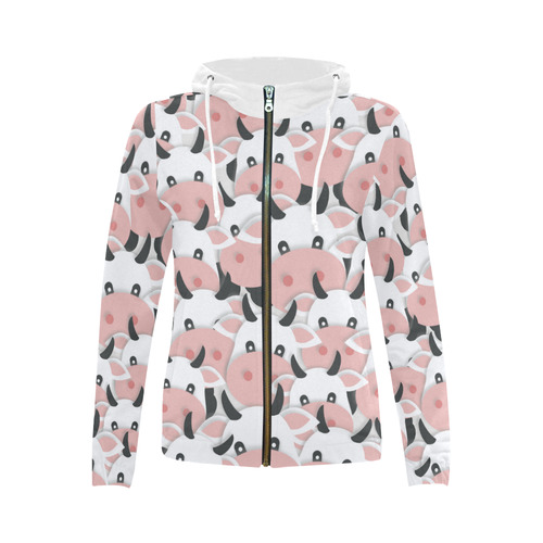 Herd of Cartoon Cows All Over Print Full Zip Hoodie for Women (Model H14)