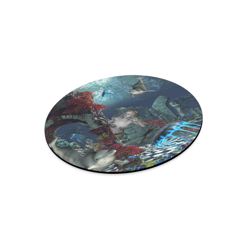 Beautiful mermaid swimming with dolphin Round Mousepad