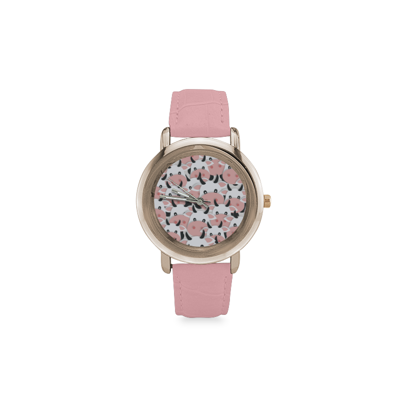 Herd of Cartoon Cows Women's Rose Gold Leather Strap Watch(Model 201)