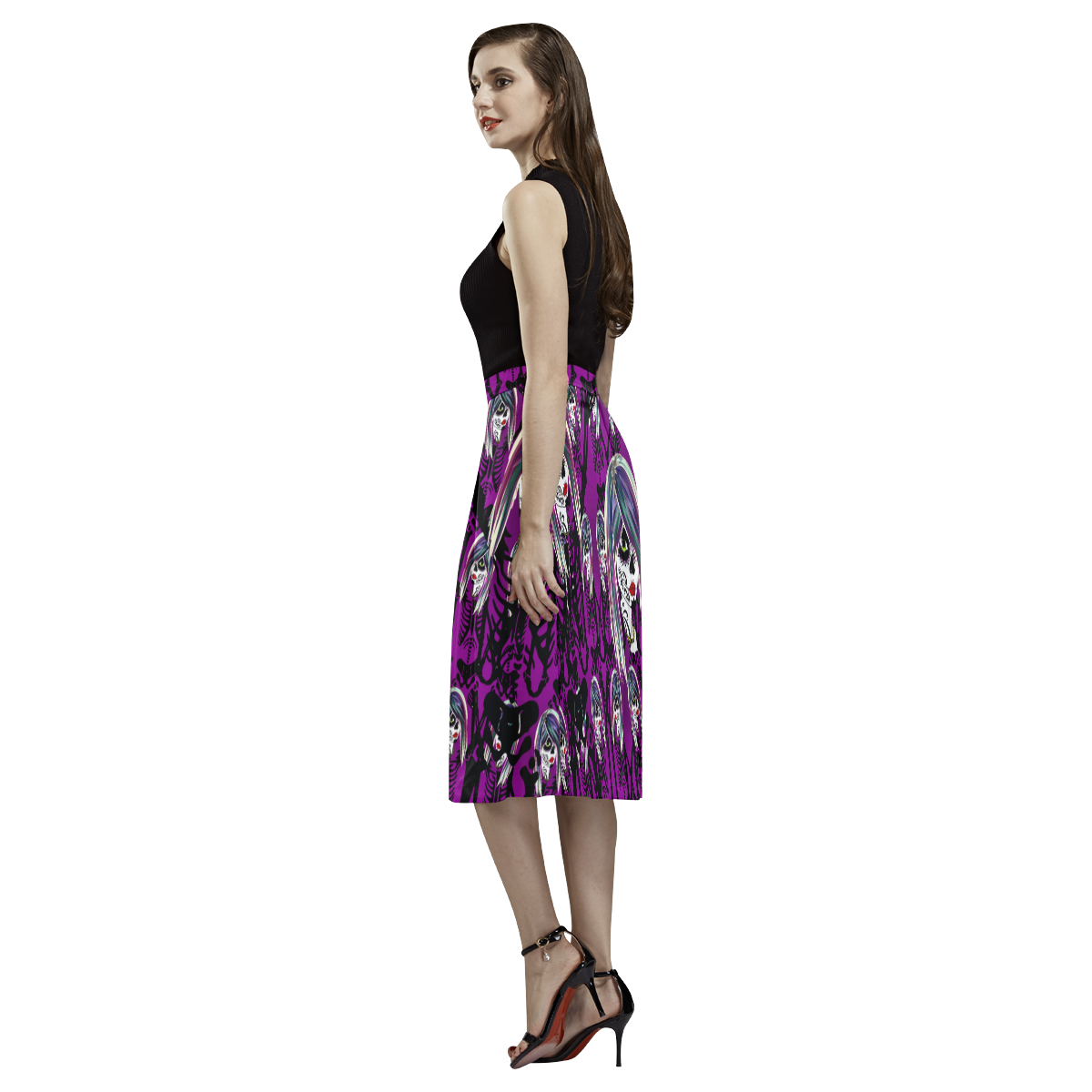 Dancing day of the dead sugarskull in purple Aoede Crepe Skirt (Model D16)