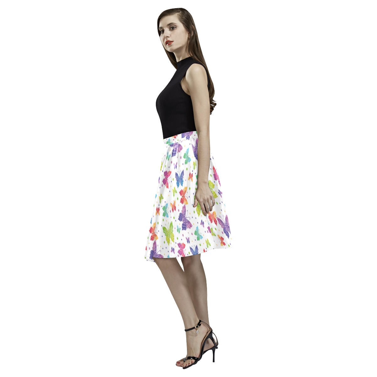 Colorful Butterflies Melete Pleated Midi Skirt (Model D15)