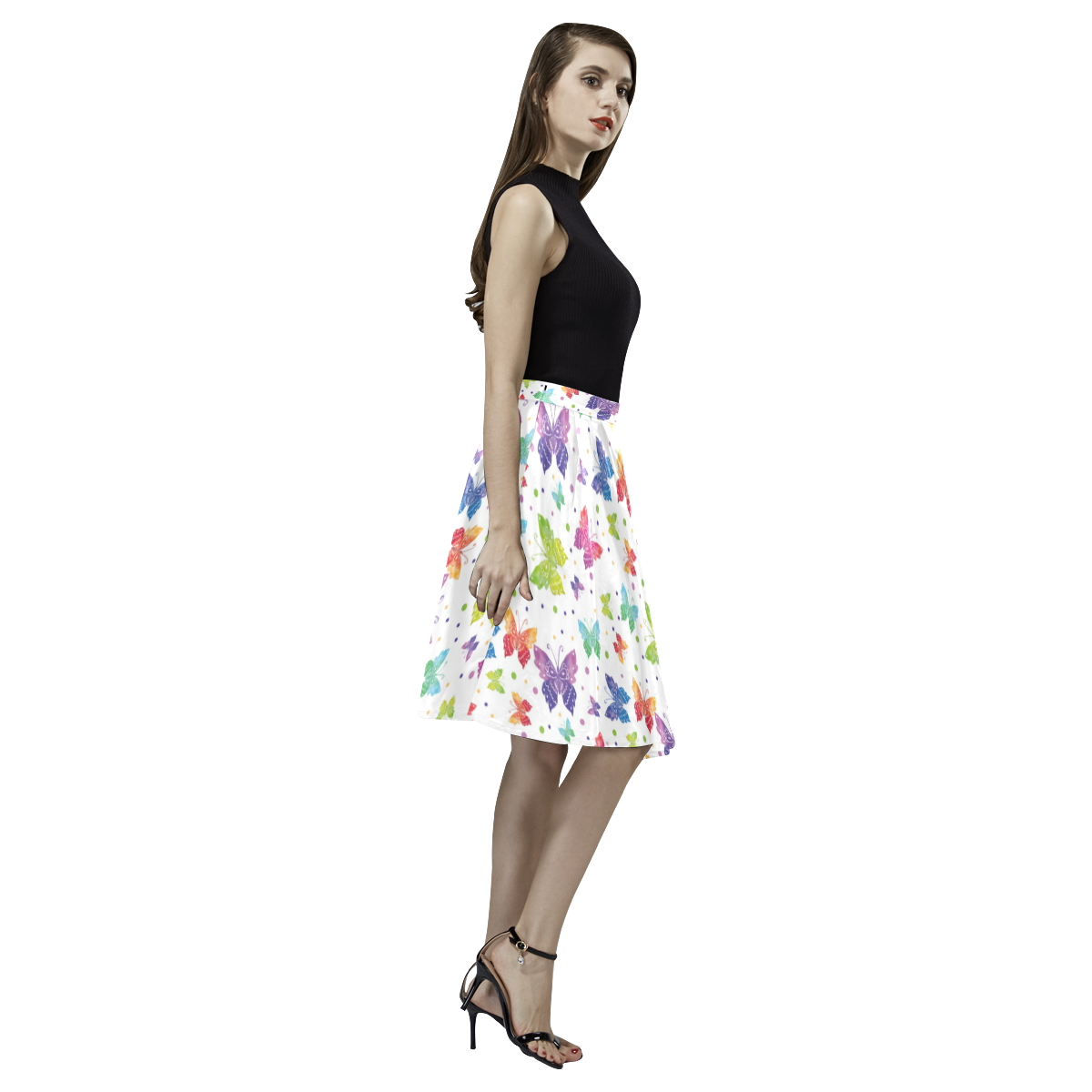 Colorful Butterflies Melete Pleated Midi Skirt (Model D15)