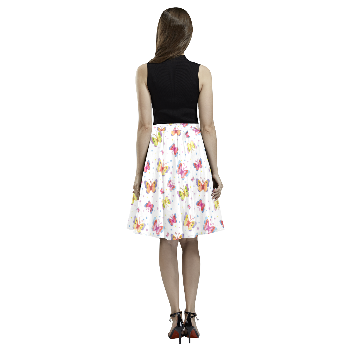 Watercolor Butterflies Melete Pleated Midi Skirt (Model D15)