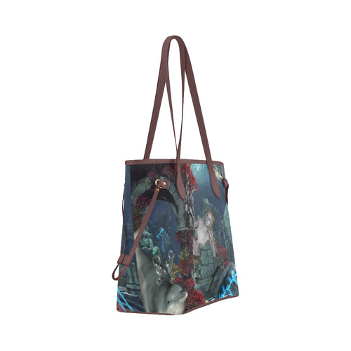 Beautiful mermaid swimming with dolphin Clover Canvas Tote Bag (Model 1661)