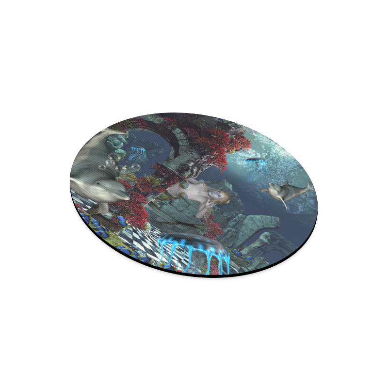 Beautiful mermaid swimming with dolphin Round Mousepad