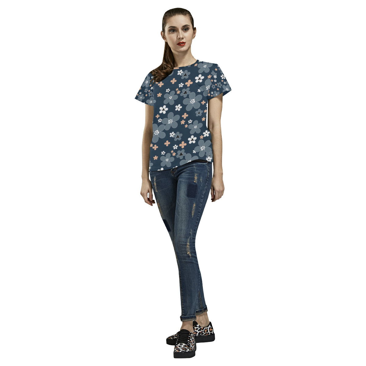 Blue floral pattern All Over Print T-Shirt for Women (USA Size) (Model T40)