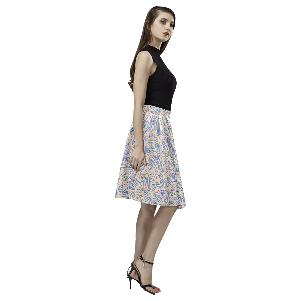 Garden Party Doodle Art Melete Pleated Midi Skirt (Model D15)