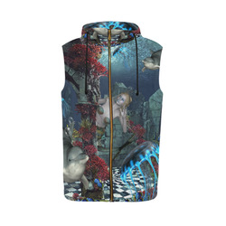 Beautiful mermaid swimming with dolphin All Over Print Sleeveless Zip Up Hoodie for Men (Model H16)