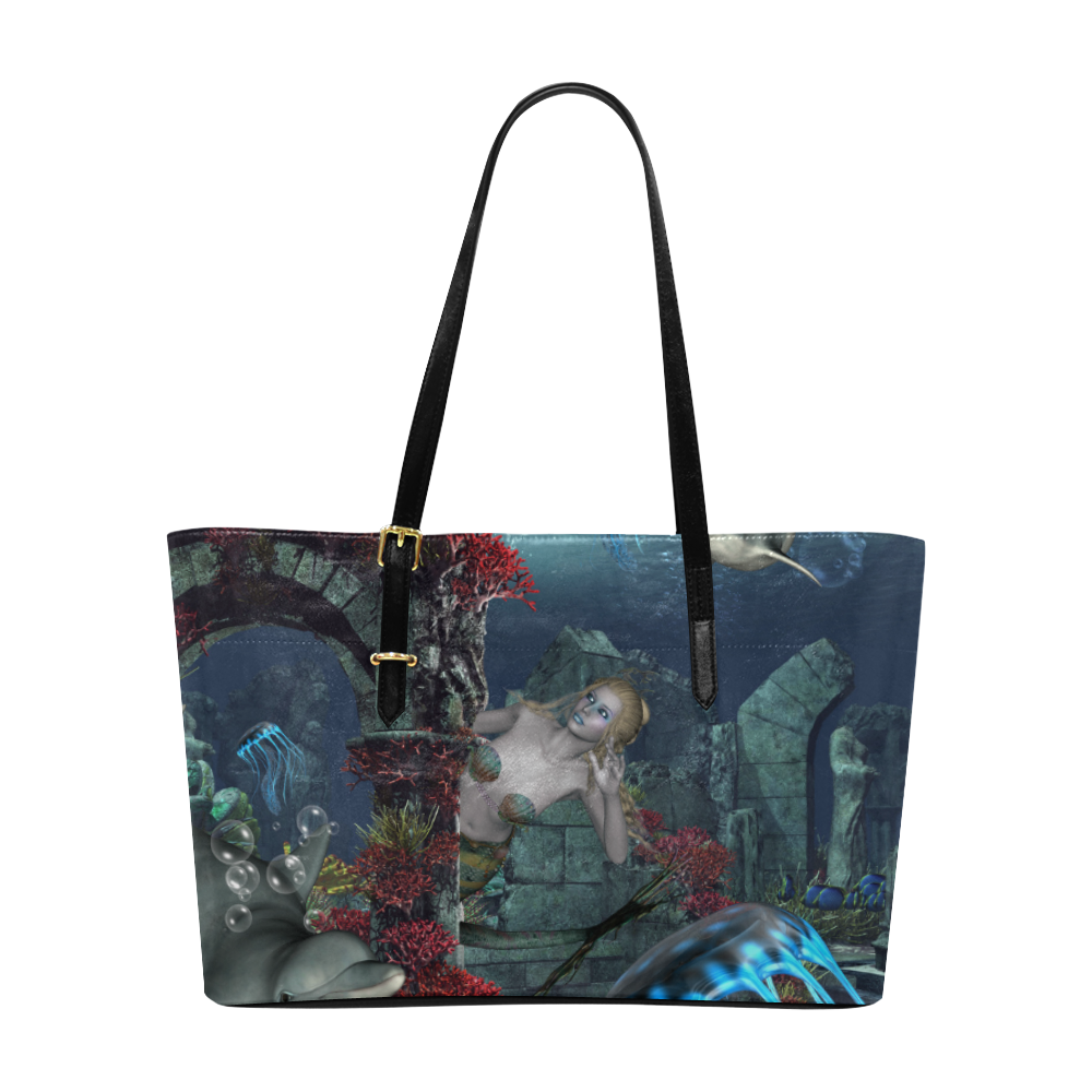 Beautiful mermaid swimming with dolphin Euramerican Tote Bag/Large (Model 1656)