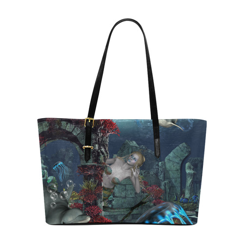 Beautiful mermaid swimming with dolphin Euramerican Tote Bag/Large (Model 1656)