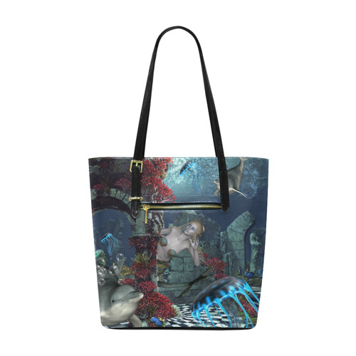 Beautiful mermaid swimming with dolphin Euramerican Tote Bag/Small (Model 1655)