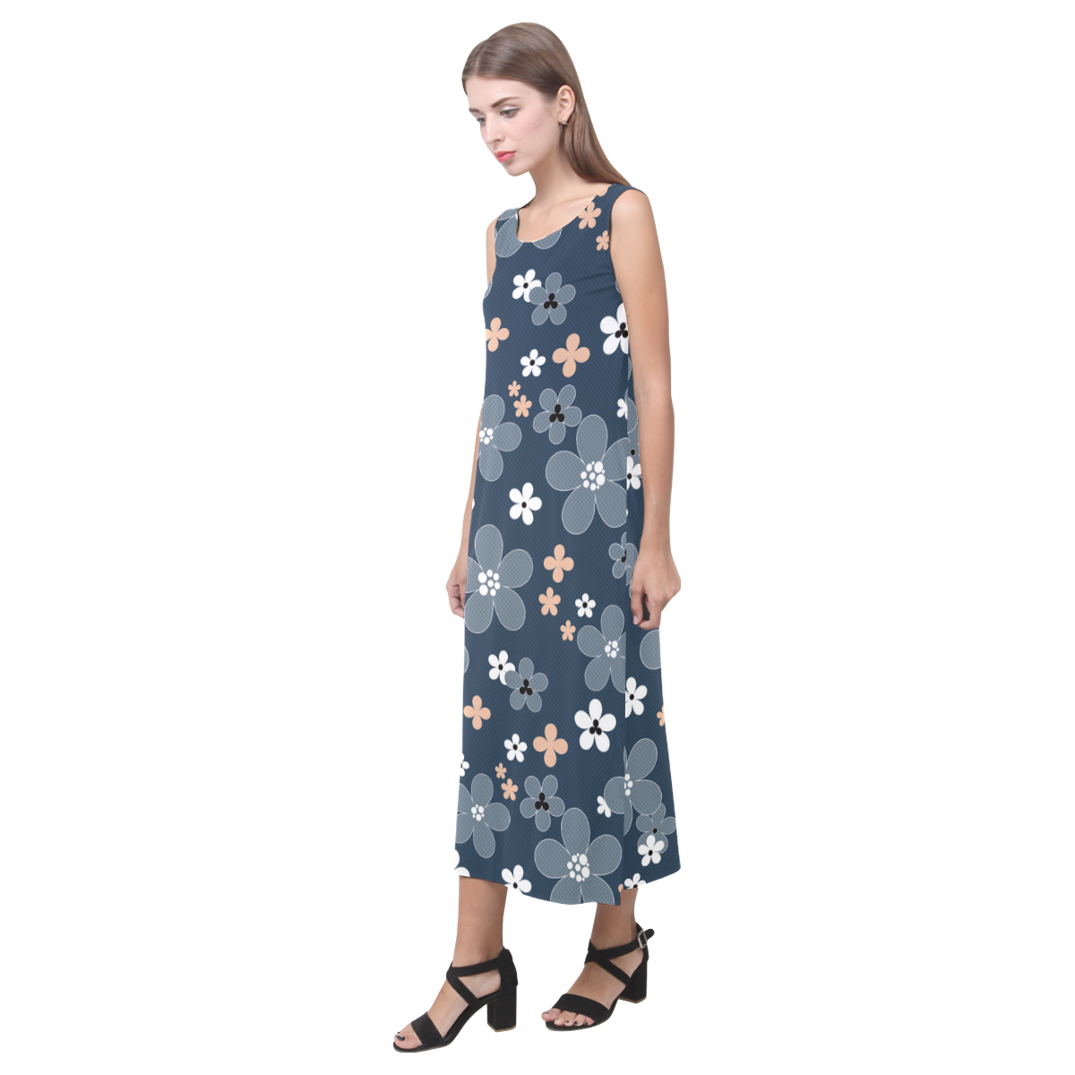 Blue floral pattern Phaedra Sleeveless Open Fork Long Dress (Model D08)