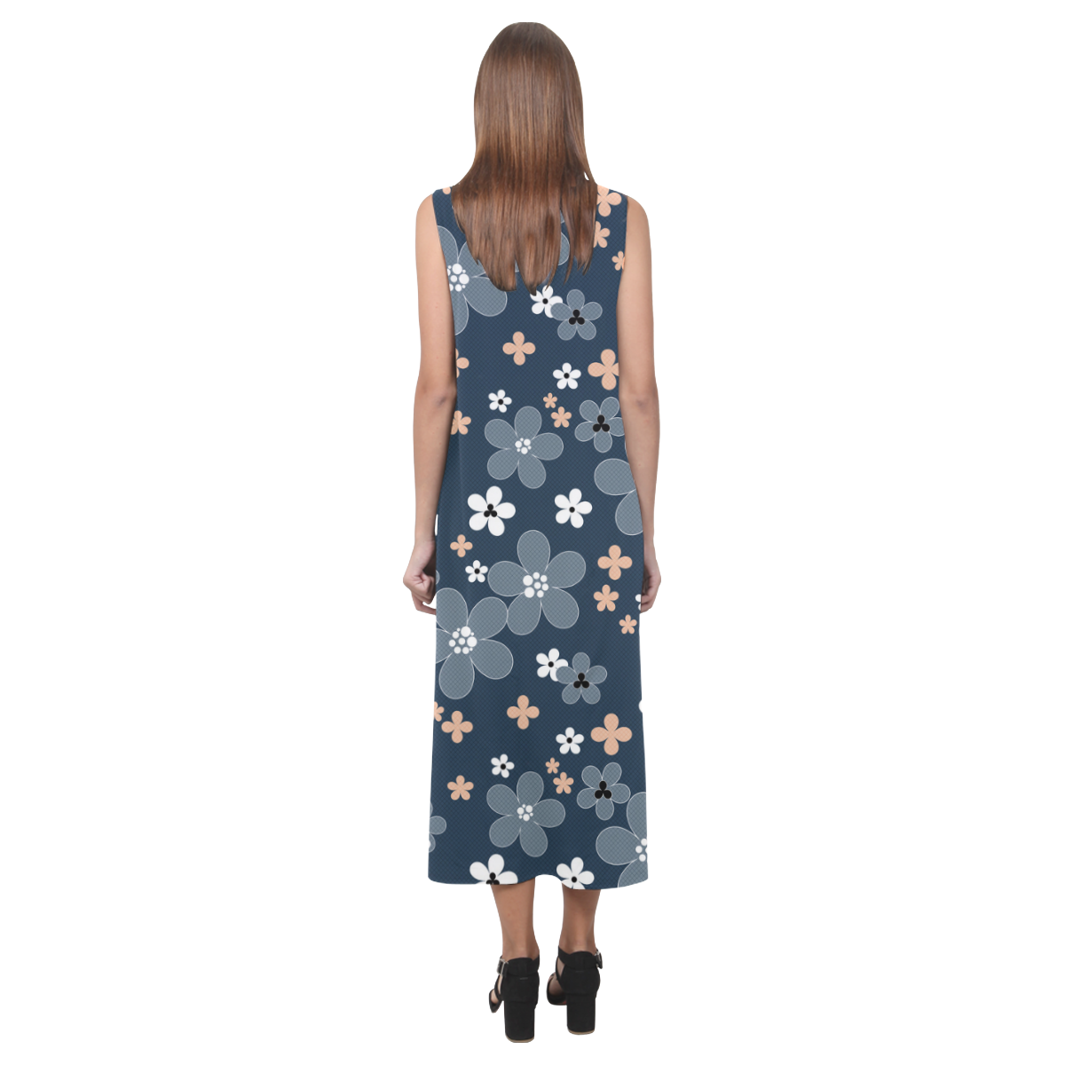 Blue floral pattern Phaedra Sleeveless Open Fork Long Dress (Model D08)