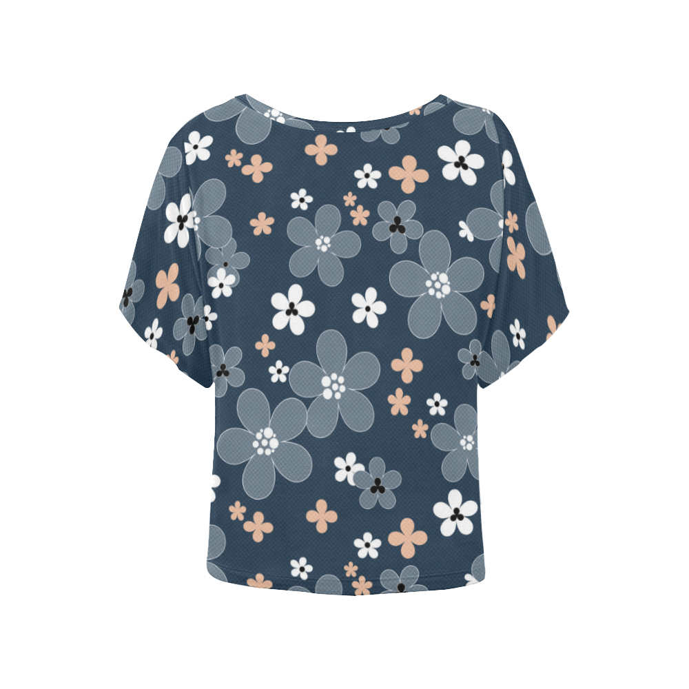 Blue floral pattern Women's Batwing-Sleeved Blouse T shirt (Model T44)