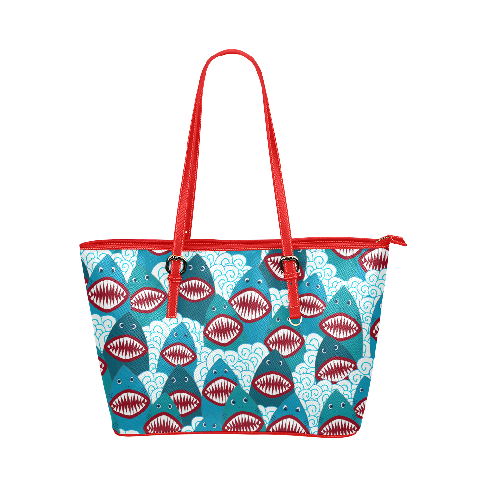 Angry Sharks Leather Tote Bag/Large (Model 1651)