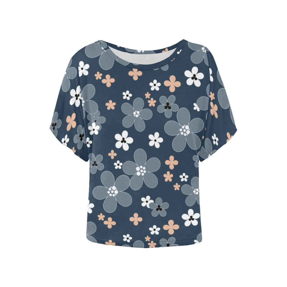 Blue floral pattern Women's Batwing-Sleeved Blouse T shirt (Model T44)