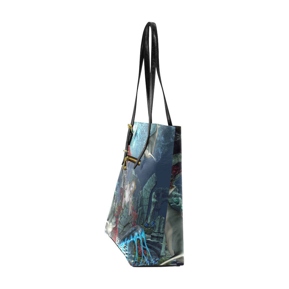 Beautiful mermaid swimming with dolphin Euramerican Tote Bag/Small (Model 1655)