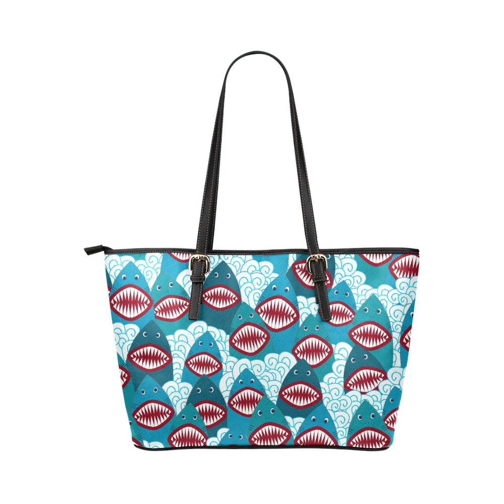 Angry Sharks Leather Tote Bag/Large (Model 1651)