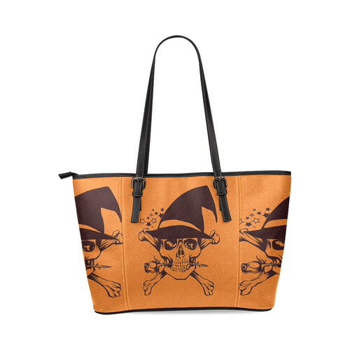 Funny Halloween Skull, orangel by JamColors Leather Tote Bag/Small (Model 1640)