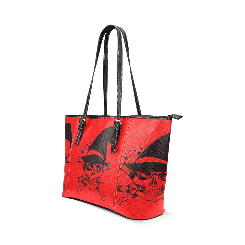 Funny Halloween Skull,redl by JamColors Leather Tote Bag/Small (Model 1640)