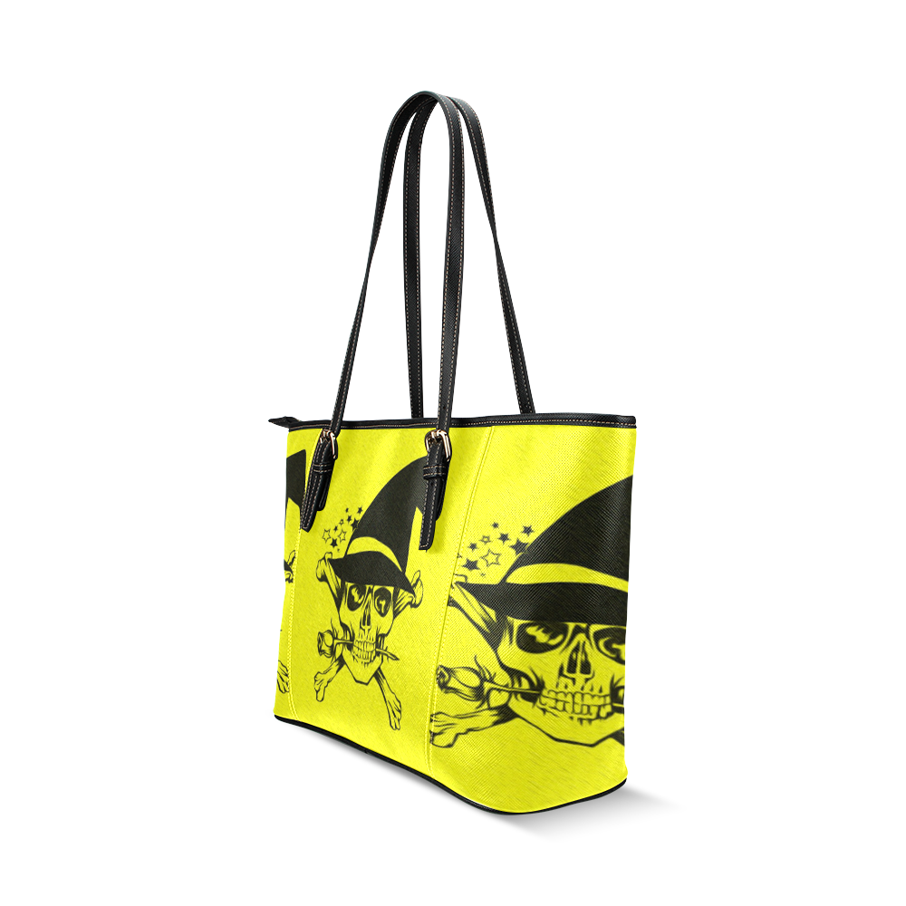 Funny Halloween Skull, yellowl by JamColors Leather Tote Bag/Small (Model 1640)