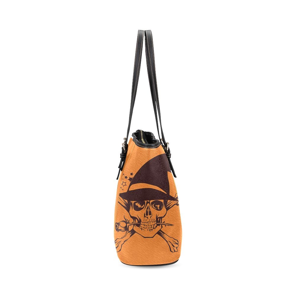 Funny Halloween Skull, orangel by JamColors Leather Tote Bag/Small (Model 1640)