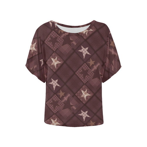 Chocolate brown patchwork Women's Batwing-Sleeved Blouse T shirt (Model T44)