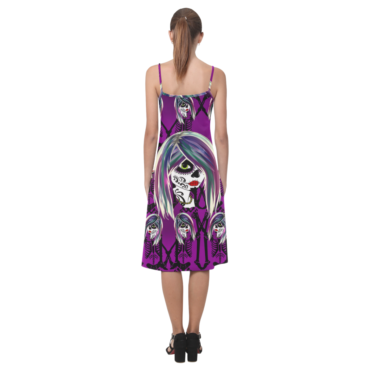 Dancing day of the dead sugarskull in purple Alcestis Slip Dress (Model D05)