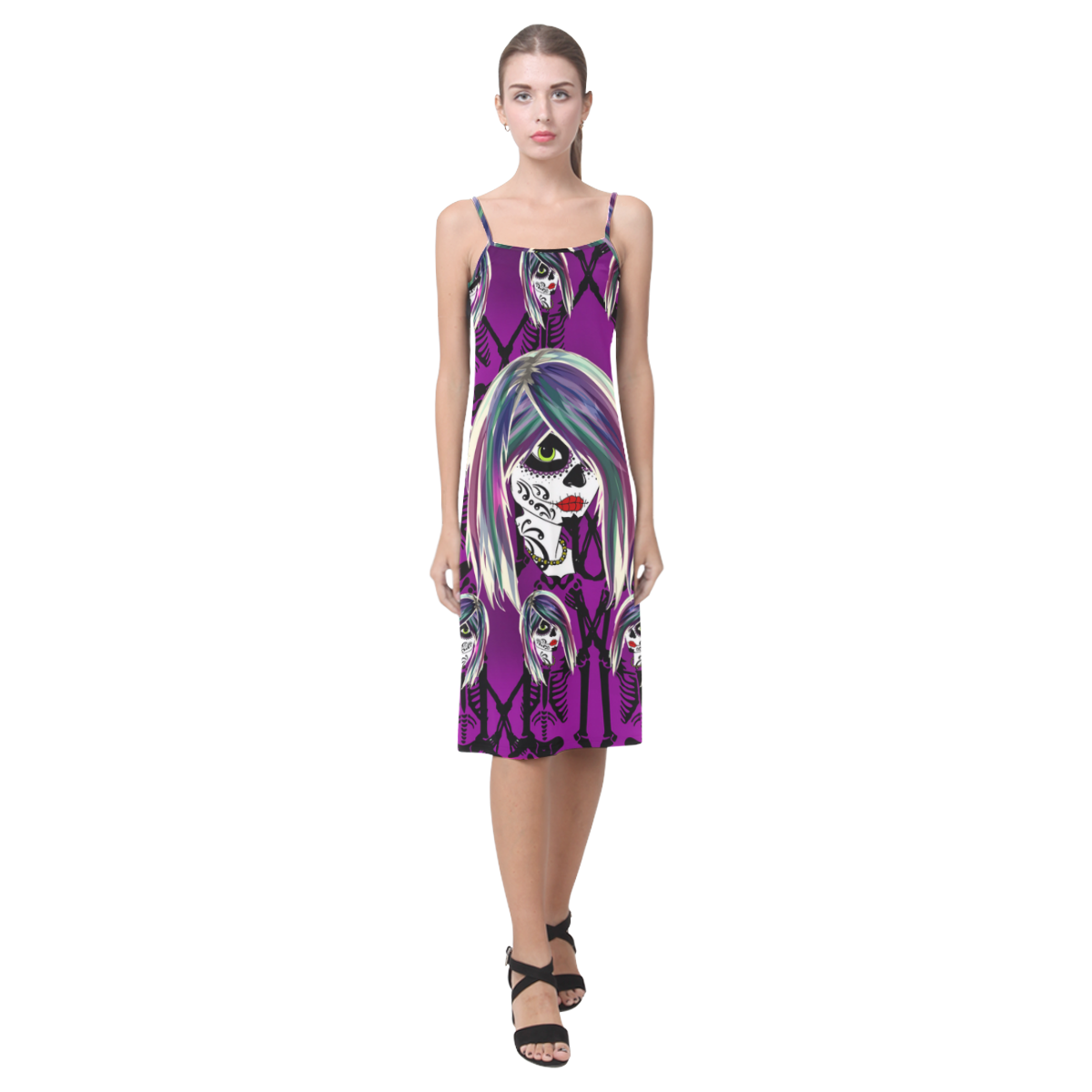 Dancing day of the dead sugarskull in purple Alcestis Slip Dress (Model D05)
