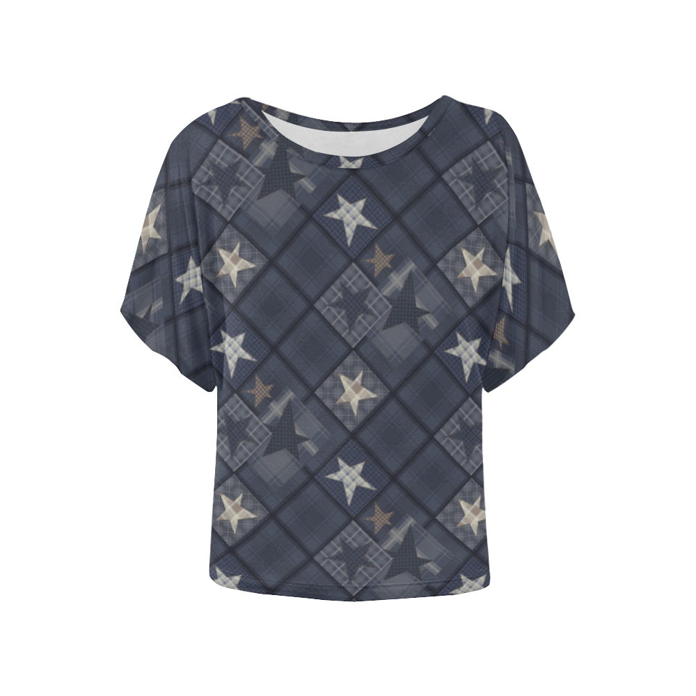 Dark grey blue patchwork Women's Batwing-Sleeved Blouse T shirt (Model T44)
