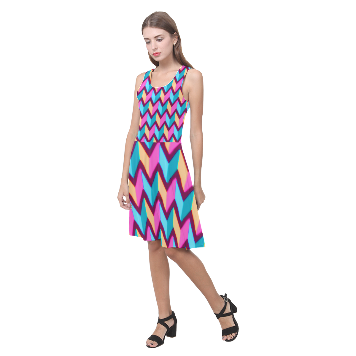 Blue Pink Gold Geometric Pattern Atalanta Casual Sundress(Model D04)