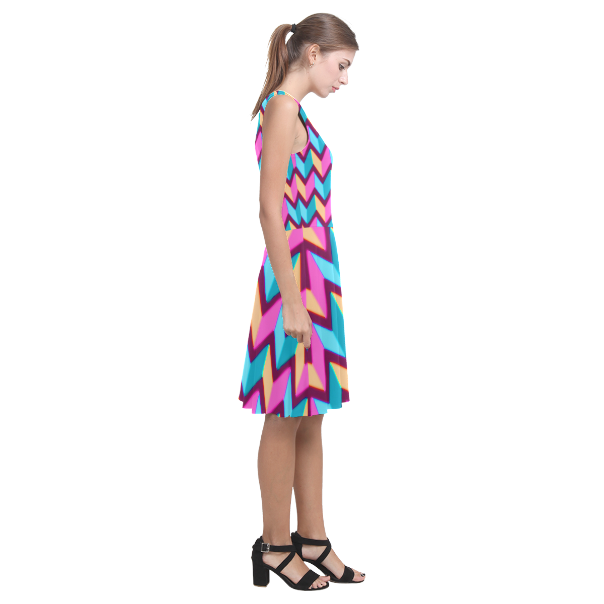 Blue Pink Gold Geometric Pattern Atalanta Casual Sundress(Model D04)