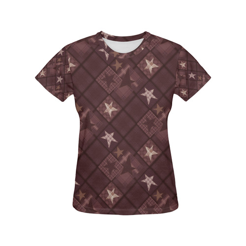 Chocolate brown patchwork All Over Print T-Shirt for Women (USA Size) (Model T40)