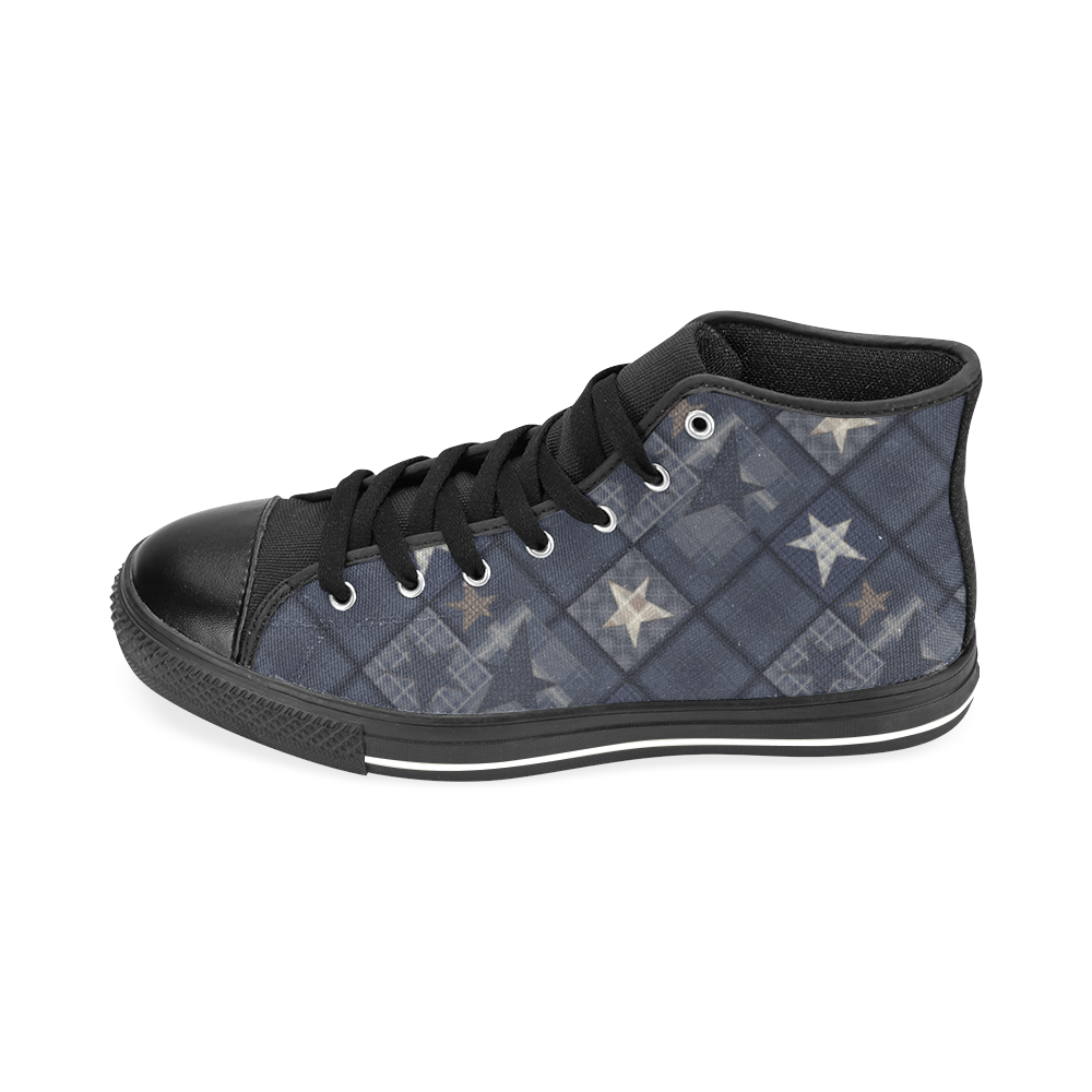 Dark grey blue patchwork Men’s Classic High Top Canvas Shoes /Large Size (Model 017)