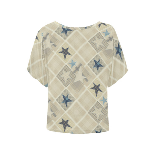 Light beige patchwork Women's Batwing-Sleeved Blouse T shirt (Model T44)