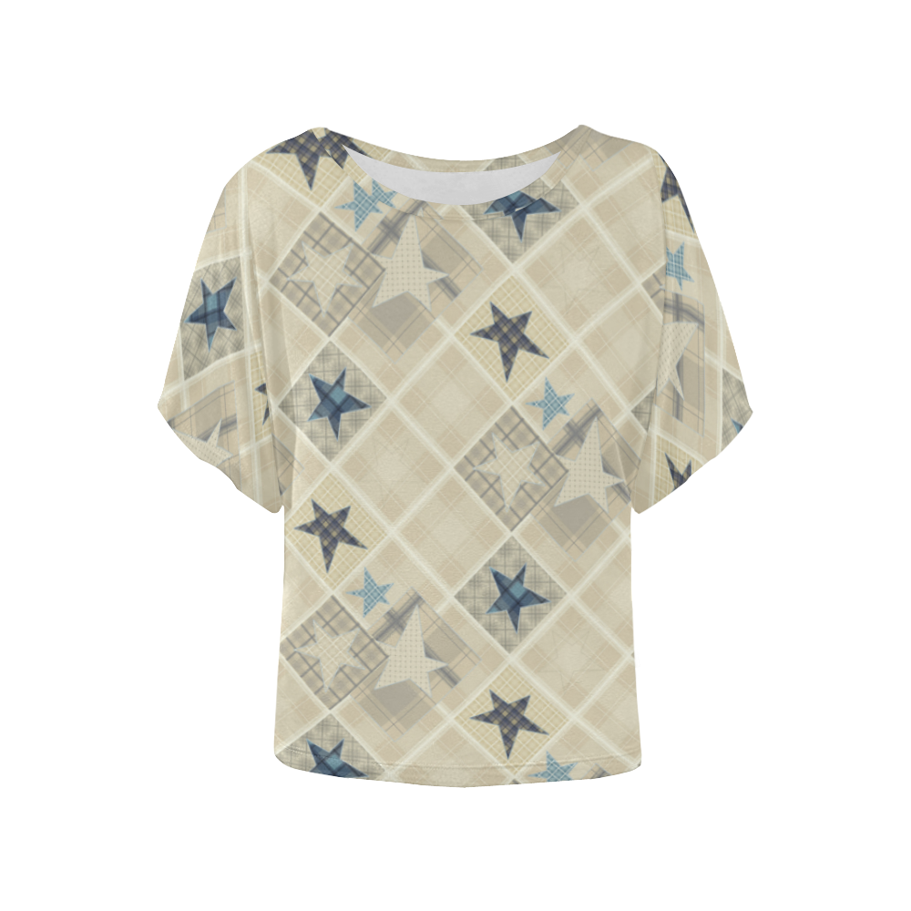 Light beige patchwork Women's Batwing-Sleeved Blouse T shirt (Model T44)