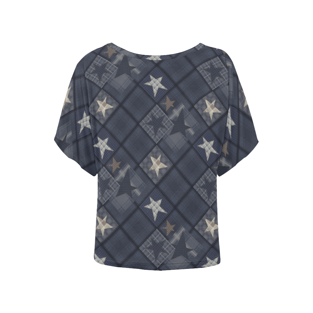 Dark grey blue patchwork Women's Batwing-Sleeved Blouse T shirt (Model T44)
