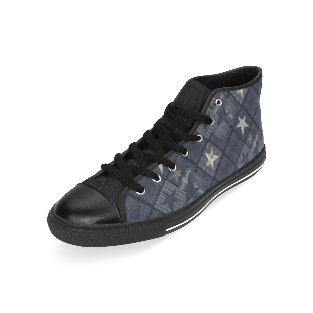 Dark grey blue patchwork Men’s Classic High Top Canvas Shoes /Large Size (Model 017)