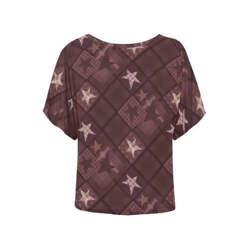 Chocolate brown patchwork Women's Batwing-Sleeved Blouse T shirt (Model T44)